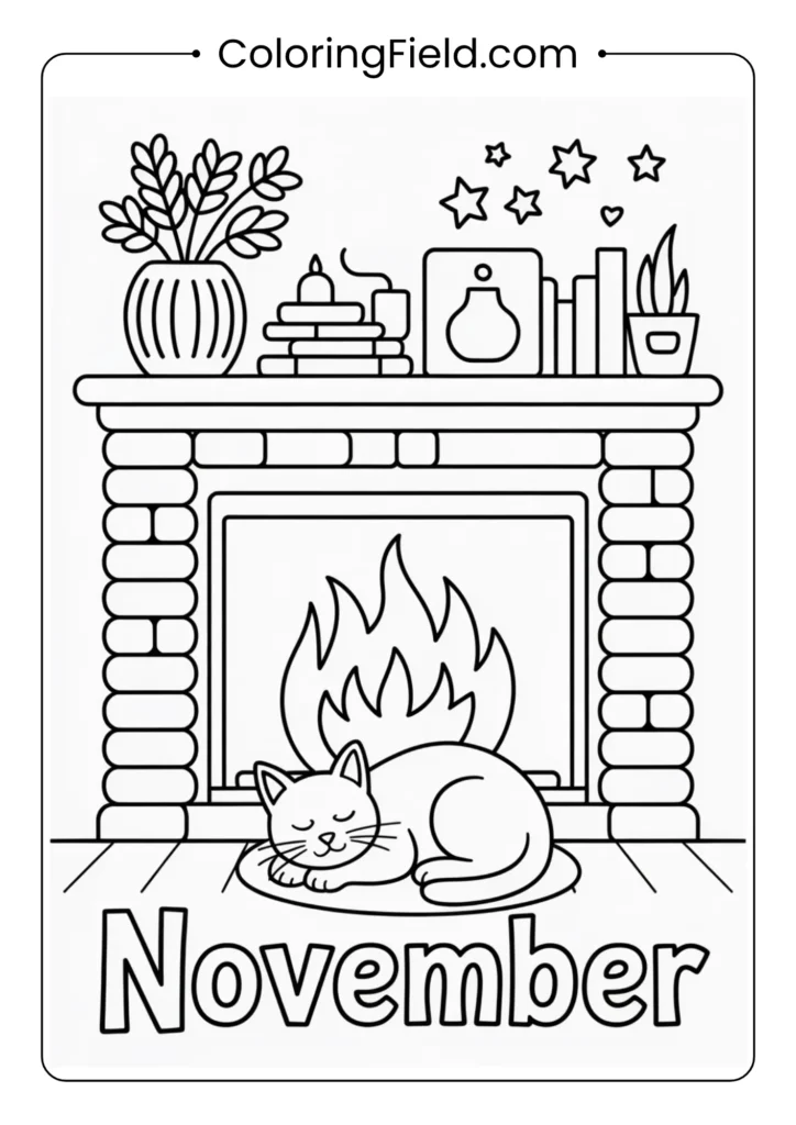 Cozy fireplace with a cat sleeping nearby coloring page featuring a warm hearth, crackling fire, and a peaceful cat curled up on a rug.