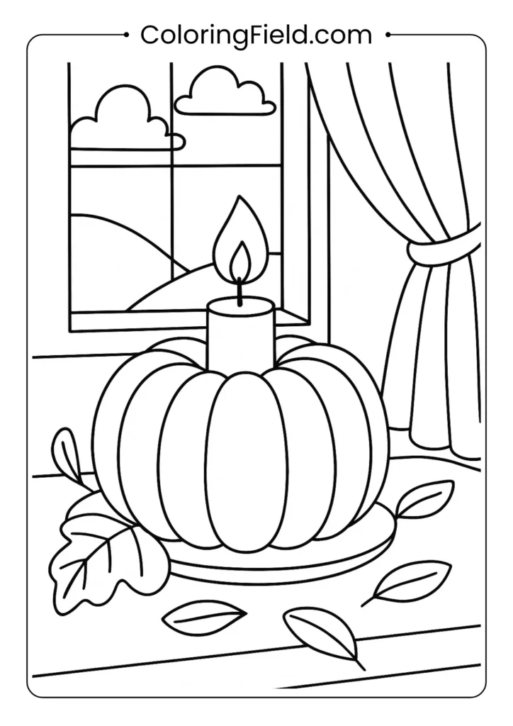 Cozy pumpkin candle scene coloring page featuring a glowing candle beside pumpkins, leaves, and warm autumn decor.