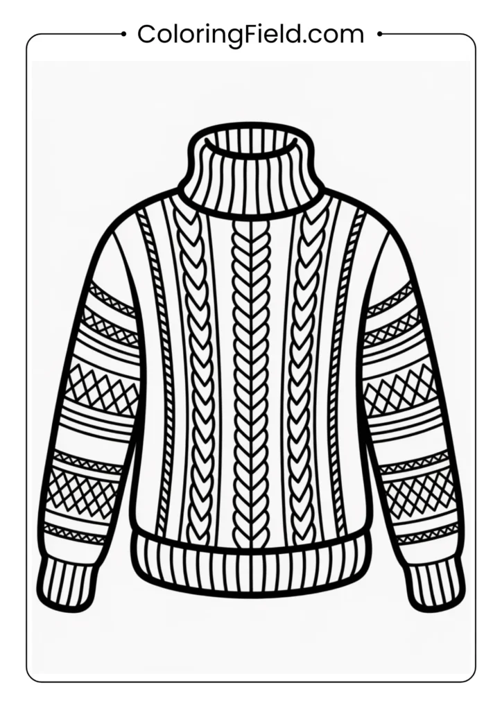 Cozy sweater knit pattern coloring page featuring repeating stitched designs inspired by warm knitted sweaters.
