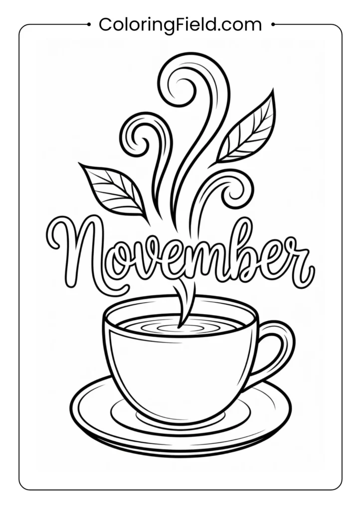 Cup of tea with steam shaped like leaves coloring page featuring a warm teacup, swirling leafy steam, and gentle autumn details.