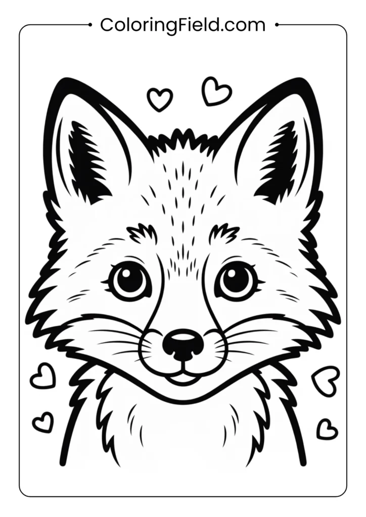 Cute fox face coloring page featuring an adorable fox with big eyes, pointy ears, and a fluffy fur outline.