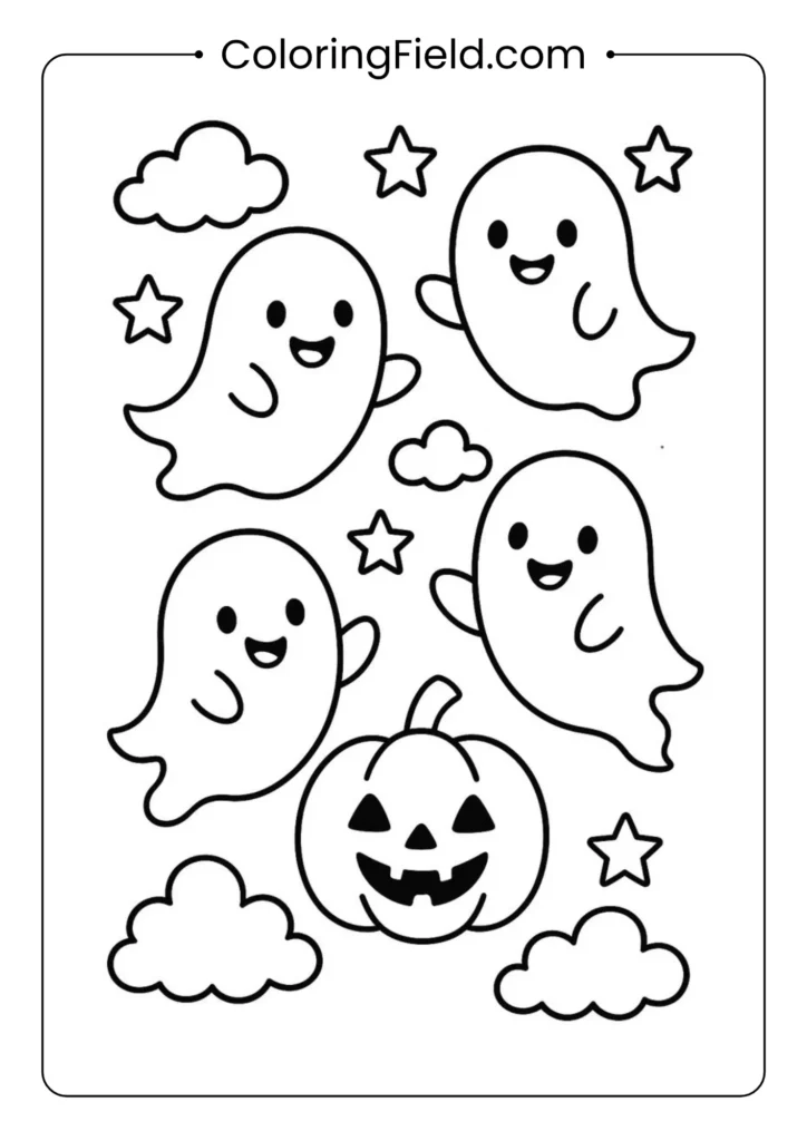 Adorable cute ghosts coloring page featuring smiling ghost characters floating playfully in a fun Halloween scene.