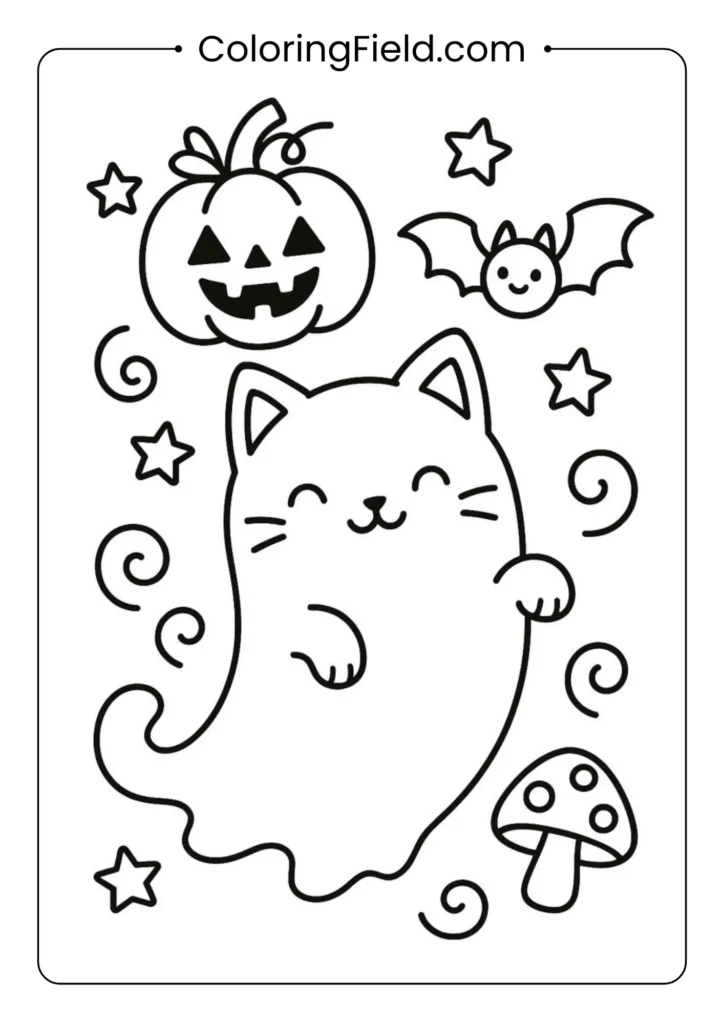 Cute Halloween ghost cat coloring page featuring an adorable kitten dressed as a ghost with playful spooky details.