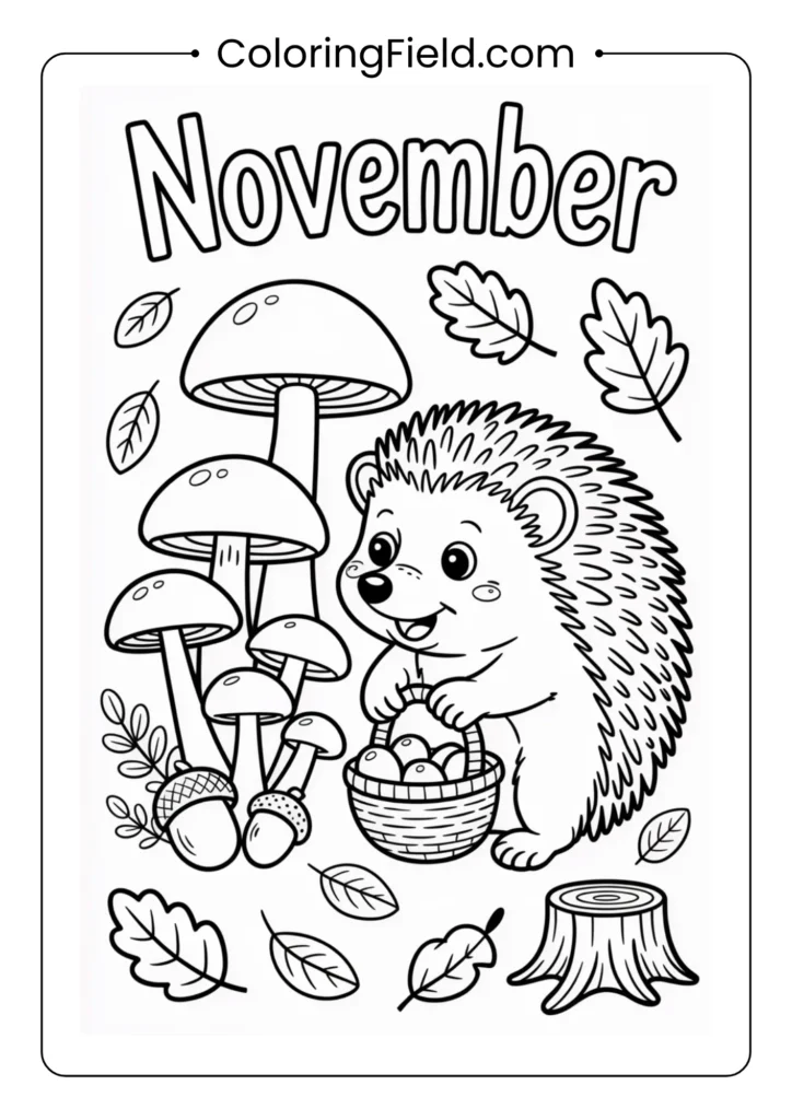 Cute hedgehog gathering mushrooms coloring page featuring an adorable hedgehog holding small mushrooms among forest leaves.