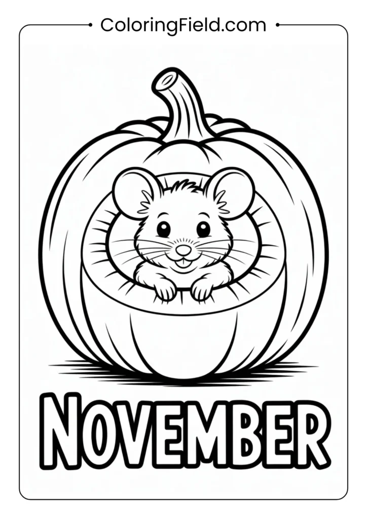 Cute mouse inside a pumpkin house coloring page featuring a tiny mouse peeking out of a carved pumpkin with cozy home details.