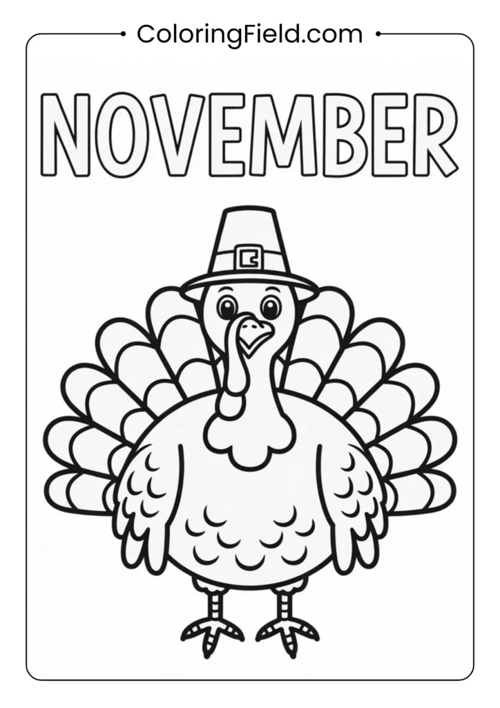 Adorable cartoon turkey wearing a traditional Pilgrim hat, standing proudly with its feathers fanned out.