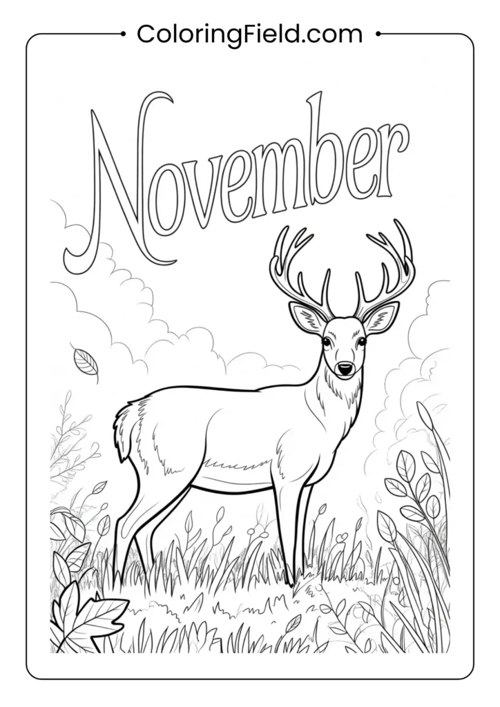 Deer in a misty autumn meadow coloring page featuring a graceful deer standing among tall grass, trees, and gentle morning fog.