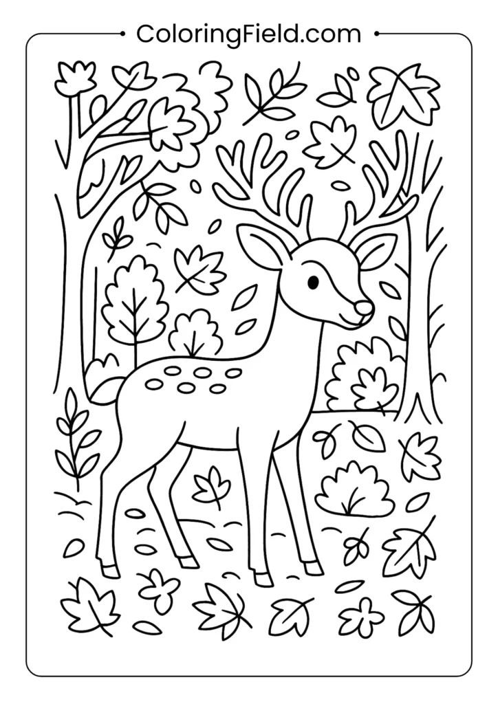 Deer in the autumn woods coloring page featuring a graceful deer standing among trees with colorful fall leaves.