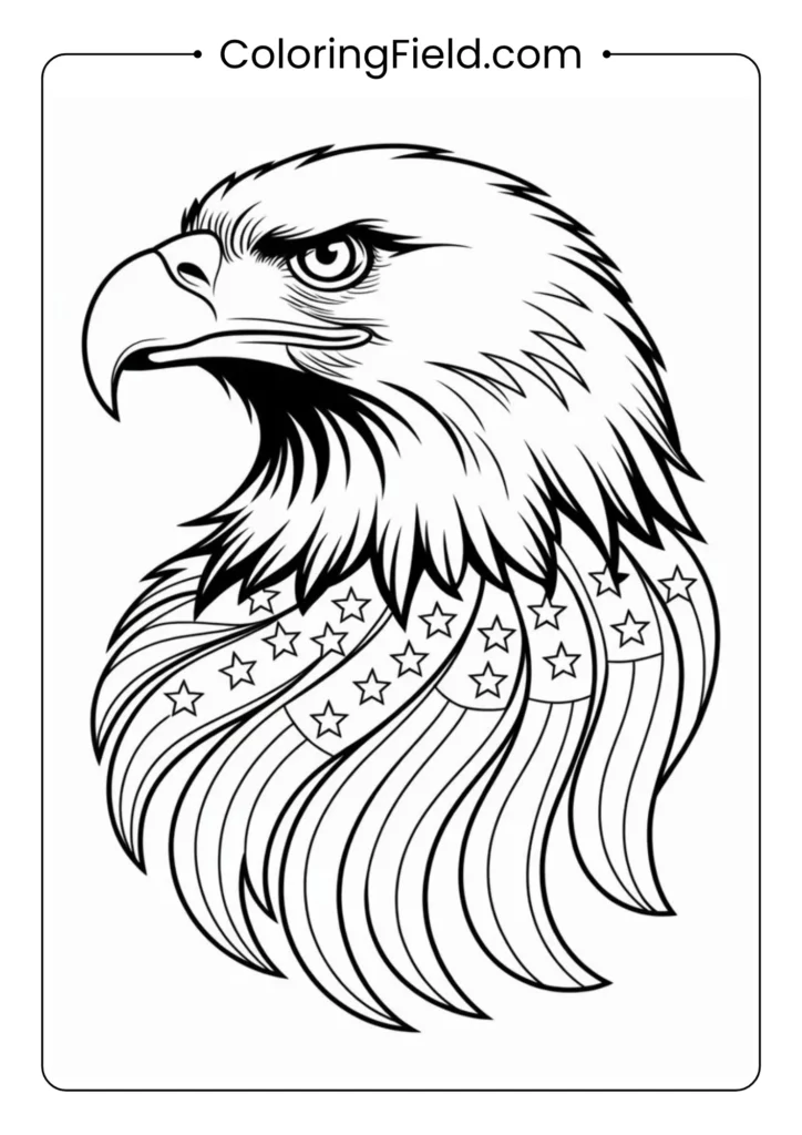 Detailed eagle head with flowing American flag coloring page featuring a proud bald eagle with the U.S. flag waving behind it.