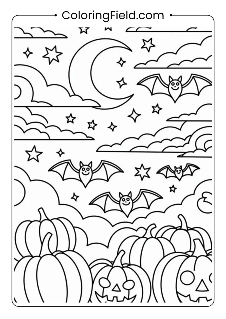 Dreamy Halloween sky coloring page featuring a magical night with a glowing moon, stars, and floating ghosts.