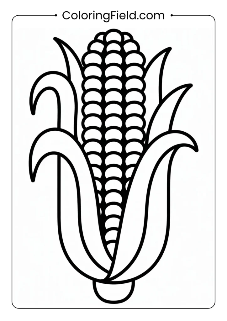 Easy corn on the cob coloring page featuring a simple ear of corn with clear kernels and husk outlines.
