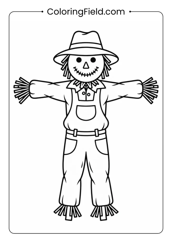 Easy scarecrow outline coloring page featuring a friendly scarecrow with a hat, overalls, and outstretched arms.