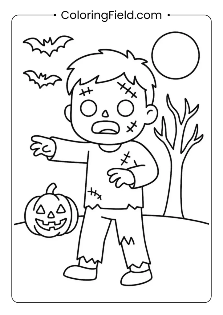 Easy zombie with stitches coloring page featuring a friendly cartoon zombie character with stitched details, ideal for kids.