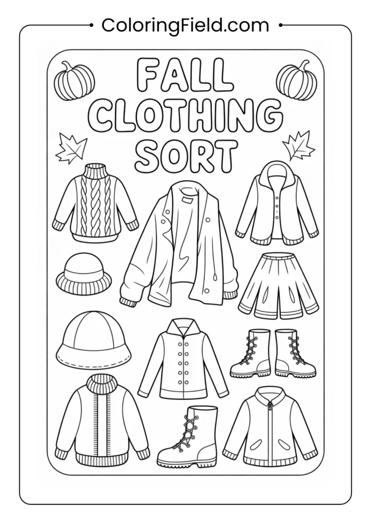 Fall clothing sort activity coloring page featuring sweaters, boots, scarves, and hats for kids to color and categorize as fall outfits.