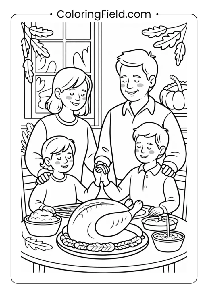 Family giving thanks coloring page featuring a group of family members gathered around a dinner table, holding hands in gratitude.