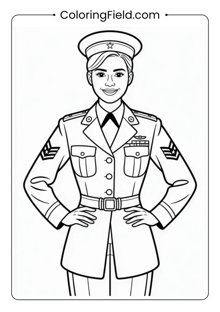 Female veteran in uniform coloring page featuring a proud woman soldier standing tall in her military attire with a respectful expression.