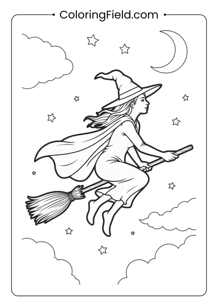 Flying witch silhouette coloring page featuring a classic witch on a broomstick soaring across the moonlit Halloween sky.