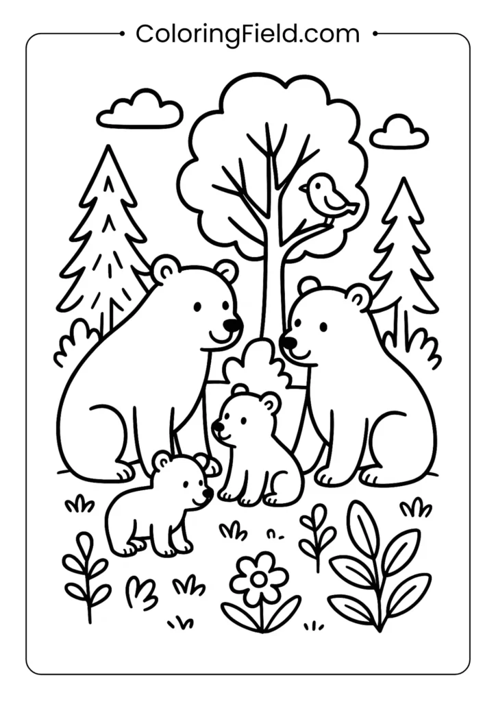 Forest family gathering coloring page featuring woodland animals like deer, foxes, and squirrels enjoying a cozy autumn day together.