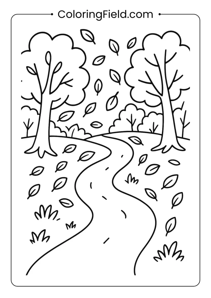 Forest trail with falling leaves coloring page featuring a peaceful woodland path surrounded by trees and drifting autumn leaves.