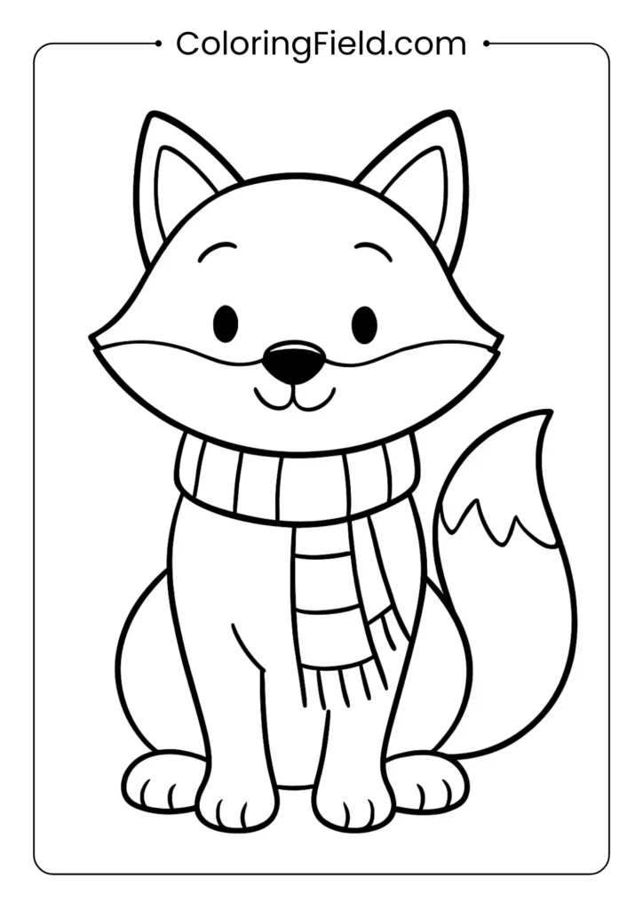 Fox in a scarf coloring page featuring a cute woodland fox wearing a cozy scarf surrounded by autumn leaves.