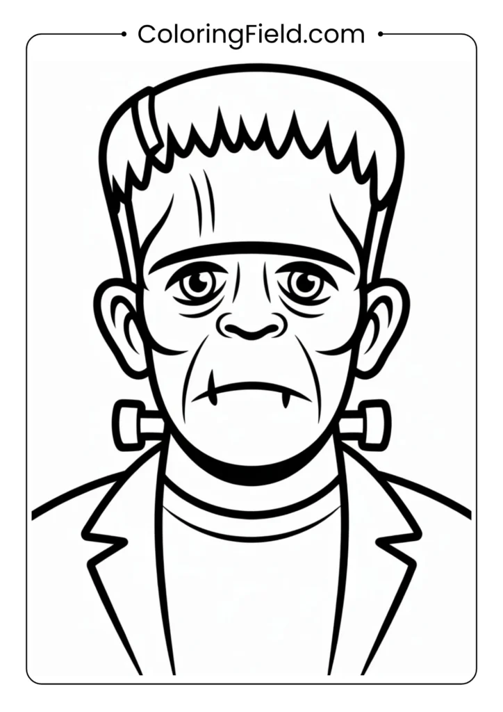 Frankenstein coloring page featuring a classic friendly monster with bolts in his neck and a stitched outfit.