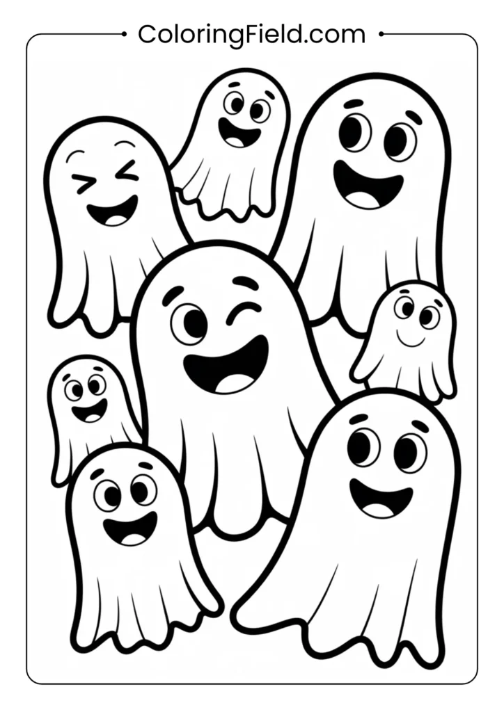 Friendly ghosts coloring page featuring happy, smiling ghost characters floating together in a fun Halloween scene.