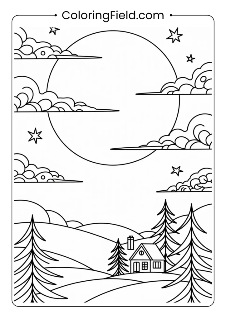Full moon scene coloring page featuring a glowing moon over a peaceful night sky with silhouetted trees and clouds.
