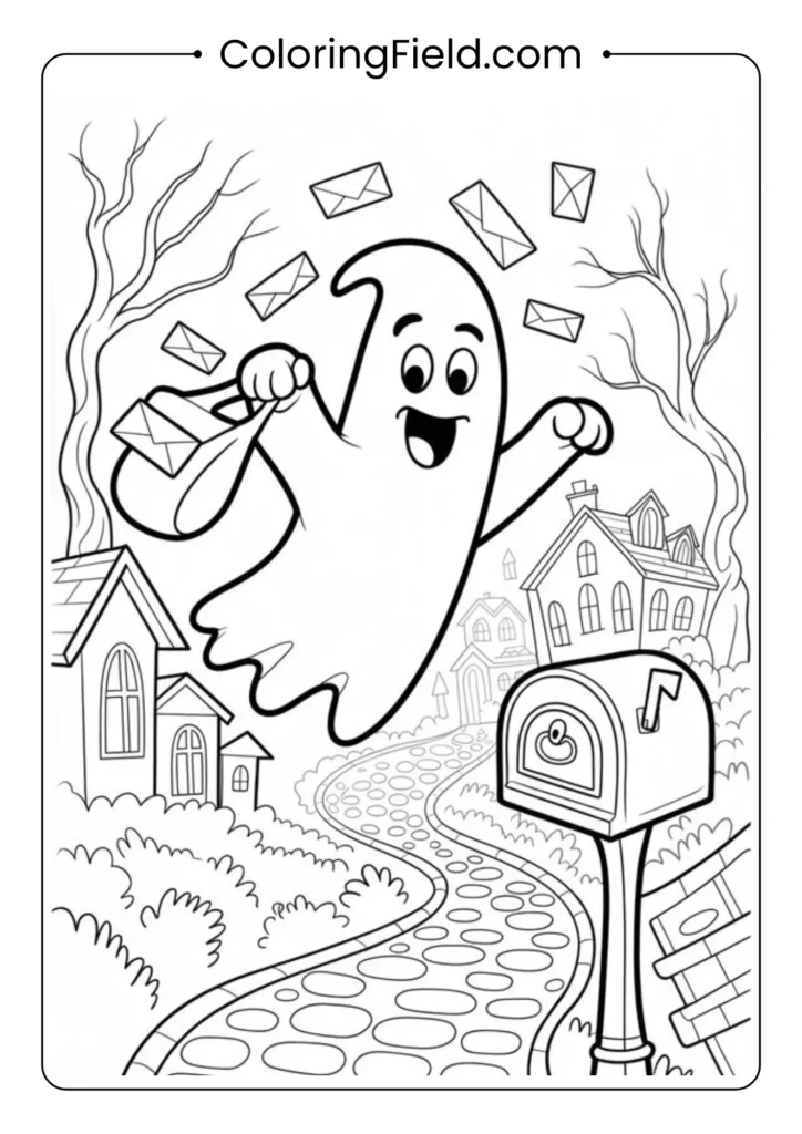 Ghostly mail delivery coloring page featuring a friendly ghost delivering letters through a spooky Halloween town.