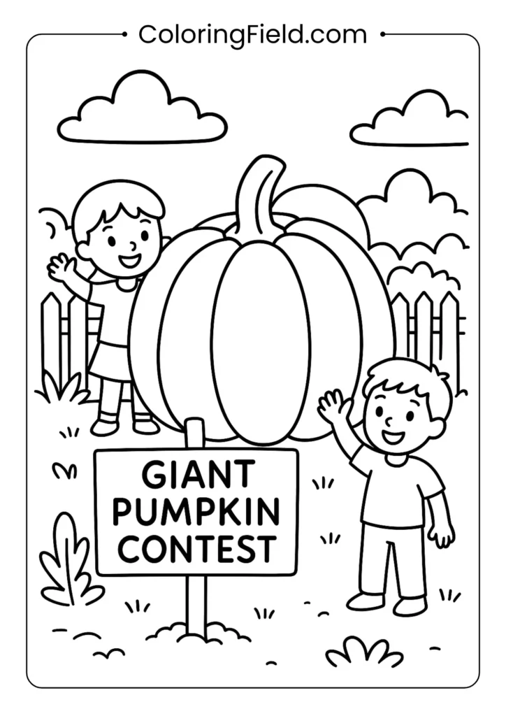 Giant pumpkin contest coloring page featuring farmers showcasing huge pumpkins at a fun fall fair.