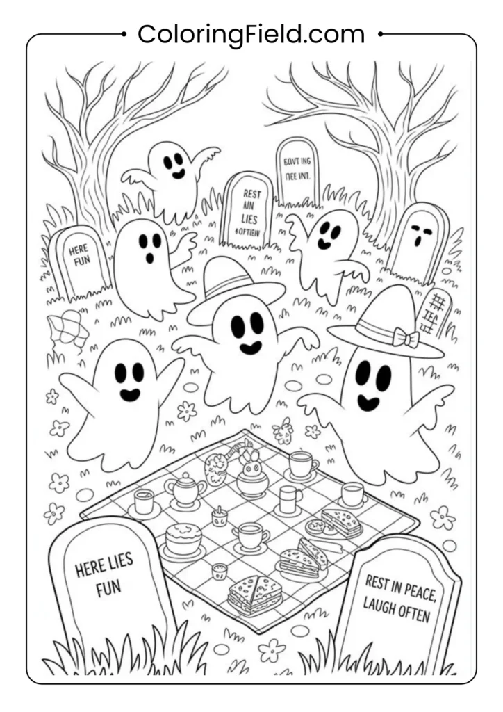 Graveyard picnic coloring page featuring friendly ghosts and skeletons enjoying snacks among spooky tombstones.
