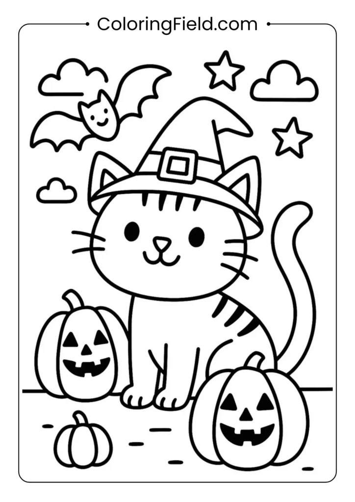 Halloween cat coloring page featuring a black cat with a pumpkin and spooky Halloween background.