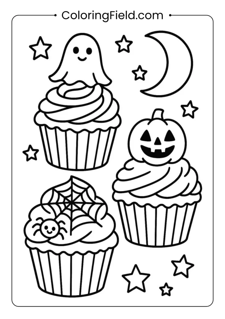 Halloween cupcakes coloring page featuring spooky and cute cupcakes decorated with ghosts, pumpkins, and bats.