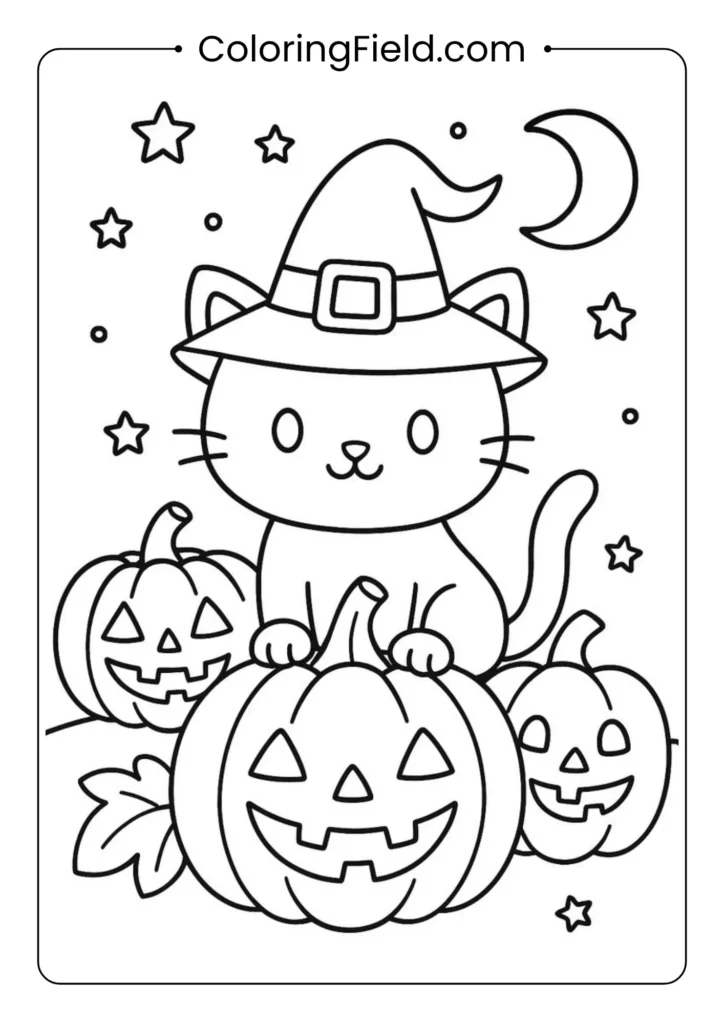 Halloween cute cat and jack-o’-lanterns coloring page featuring an adorable kitten surrounded by glowing pumpkins.