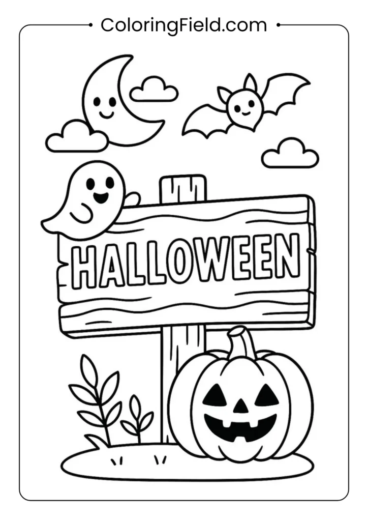 Halloween sign coloring page featuring a spooky wooden sign with bats, pumpkins, and festive decorations.