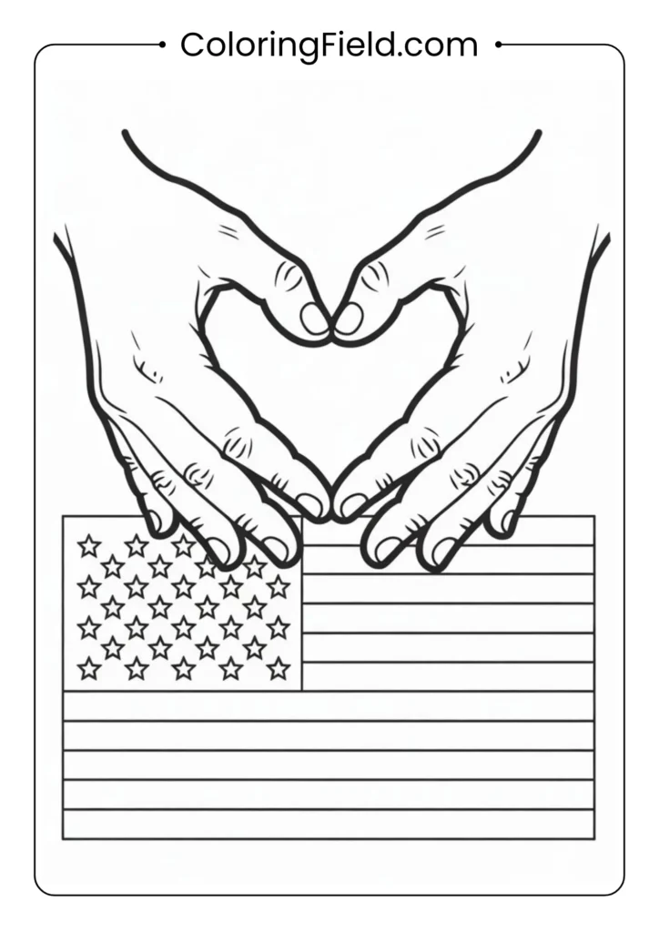 Hands forming a heart over the American flag coloring page featuring two hands creating a heart shape in front of the waving U.S. flag.
