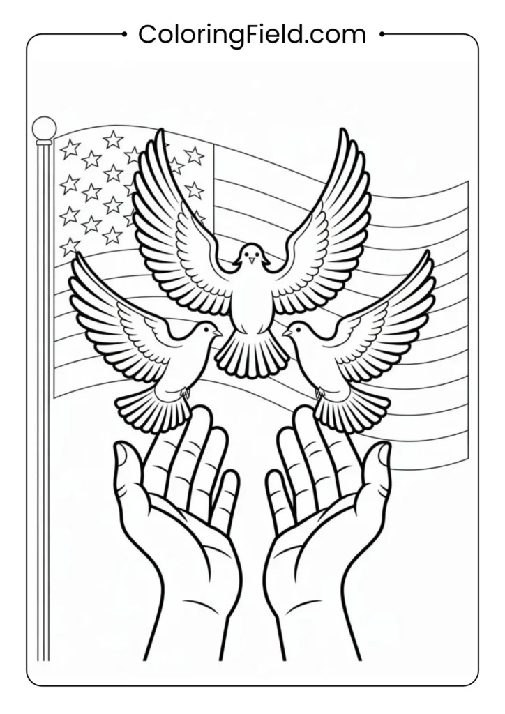 Hands releasing doves in front of a flag background coloring page featuring open hands letting peaceful doves fly across a waving American flag.