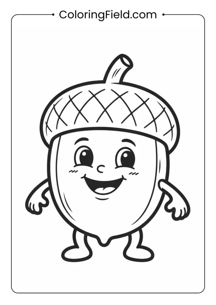 Happy acorn character coloring page featuring a smiling acorn with cute eyes, a cheerful expression, and a leafy cap.