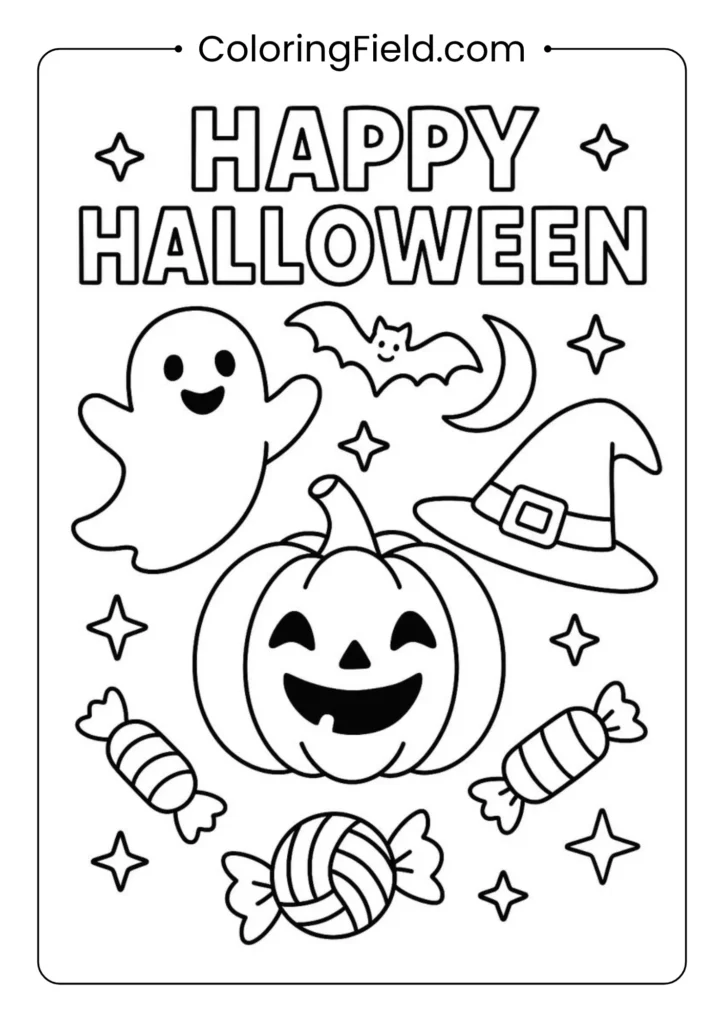 Happy Halloween coloring page featuring festive lettering with pumpkins, ghosts, bats, and spooky decorations.