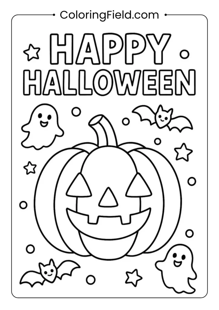 Happy Halloween pumpkin coloring page featuring a smiling jack-o’-lantern with festive Halloween lettering and decorations.