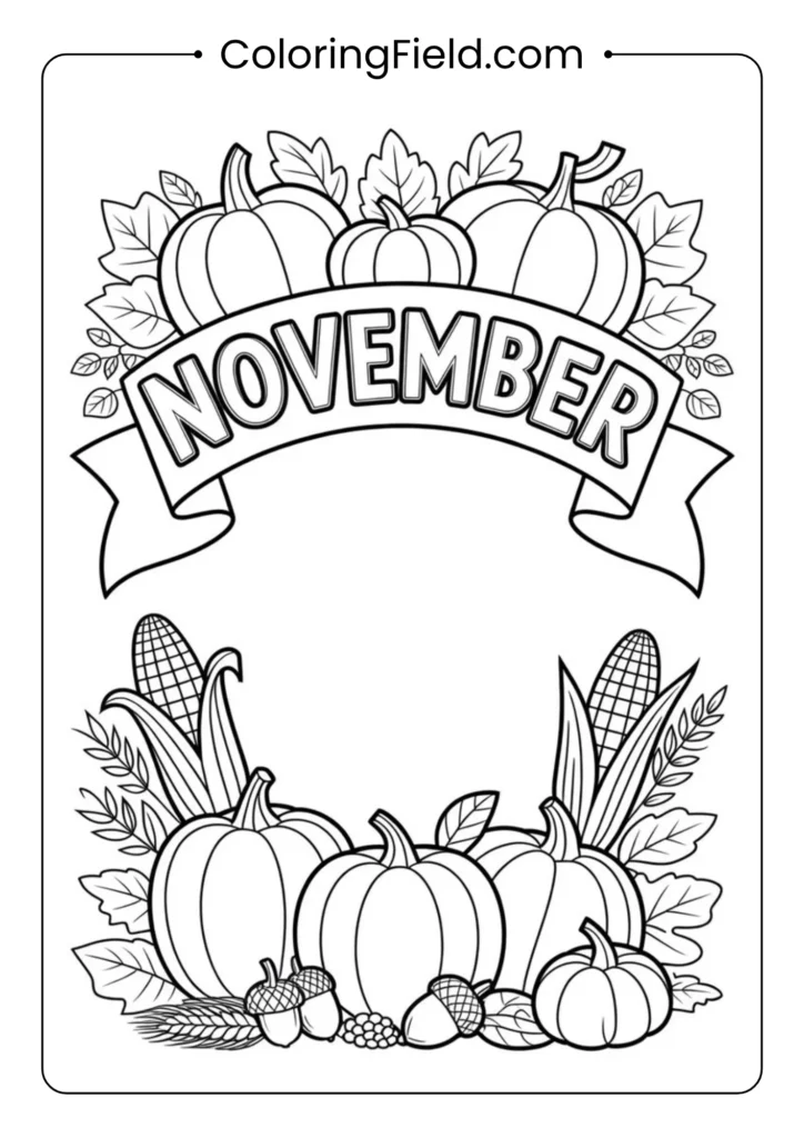 Decorative “Happy Harvest” banner surrounded by fall leaves, pumpkins, and festive accents.