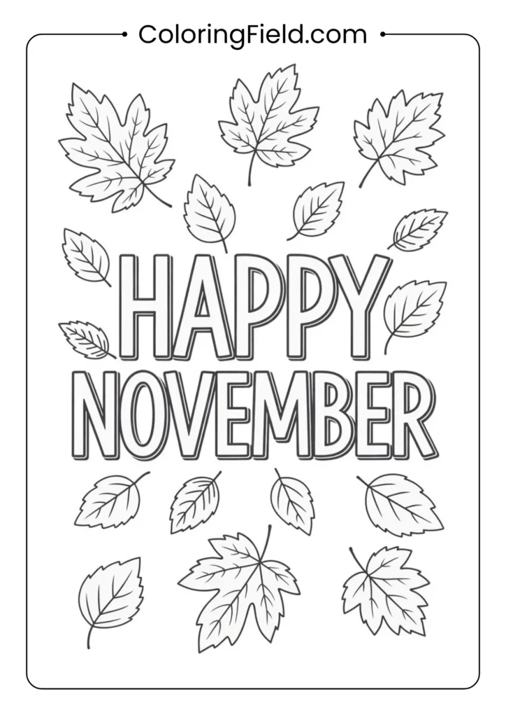 Decorative “Happy November” hand-lettered design with autumn leaves and seasonal embellishments.