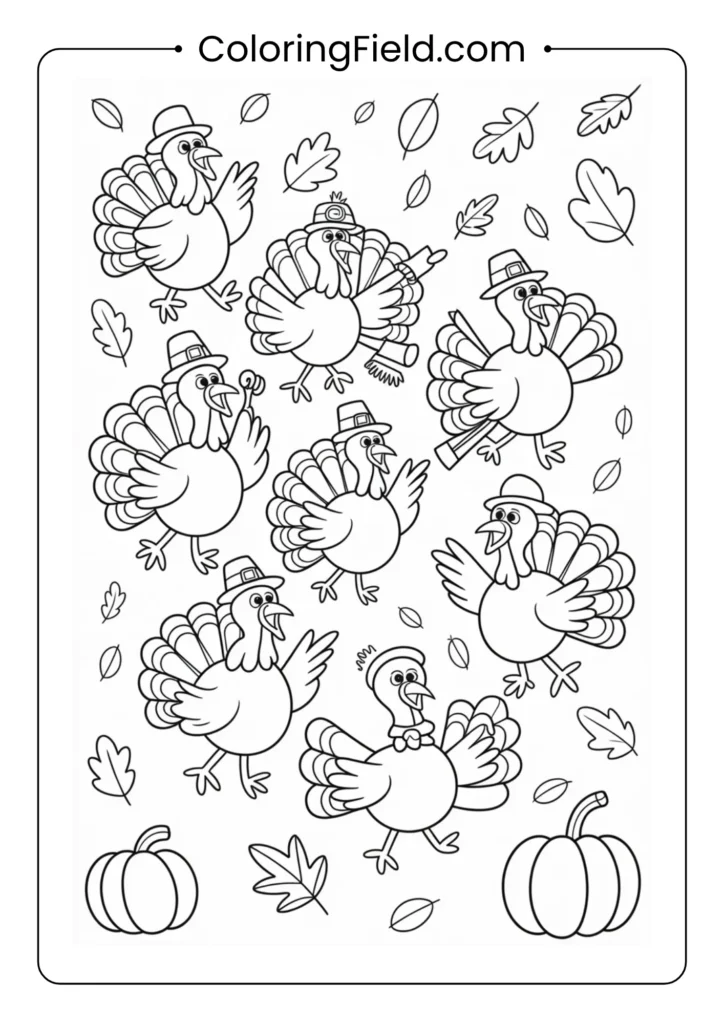 Happy turkey parade coloring page featuring cheerful turkeys marching with festive hats, banners, and balloons.