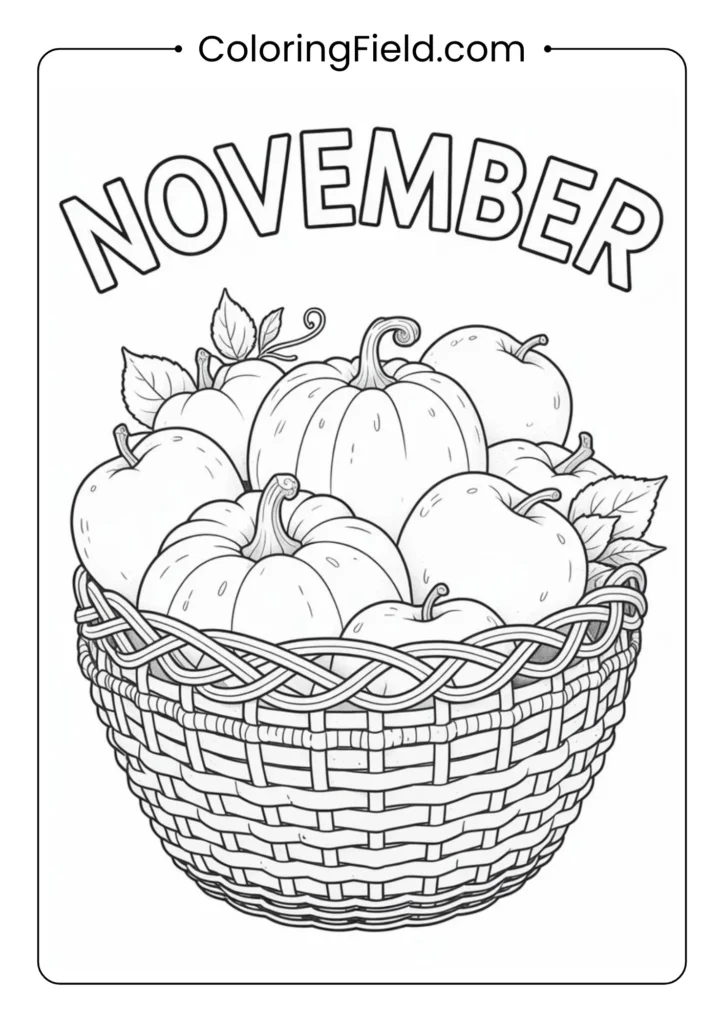 Woven basket filled with fruits, vegetables, and autumn produce for coloring.