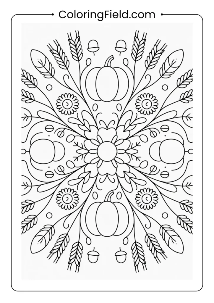 Harvest floral mandala coloring page featuring a circular pattern of flowers, leaves, and harvest-inspired details.