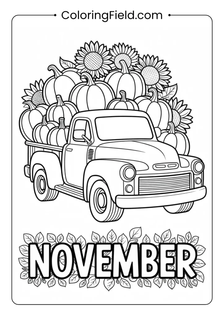 Harvest truck filled with pumpkins and sunflowers coloring page featuring a vintage farm truck loaded with autumn produce and blooms.