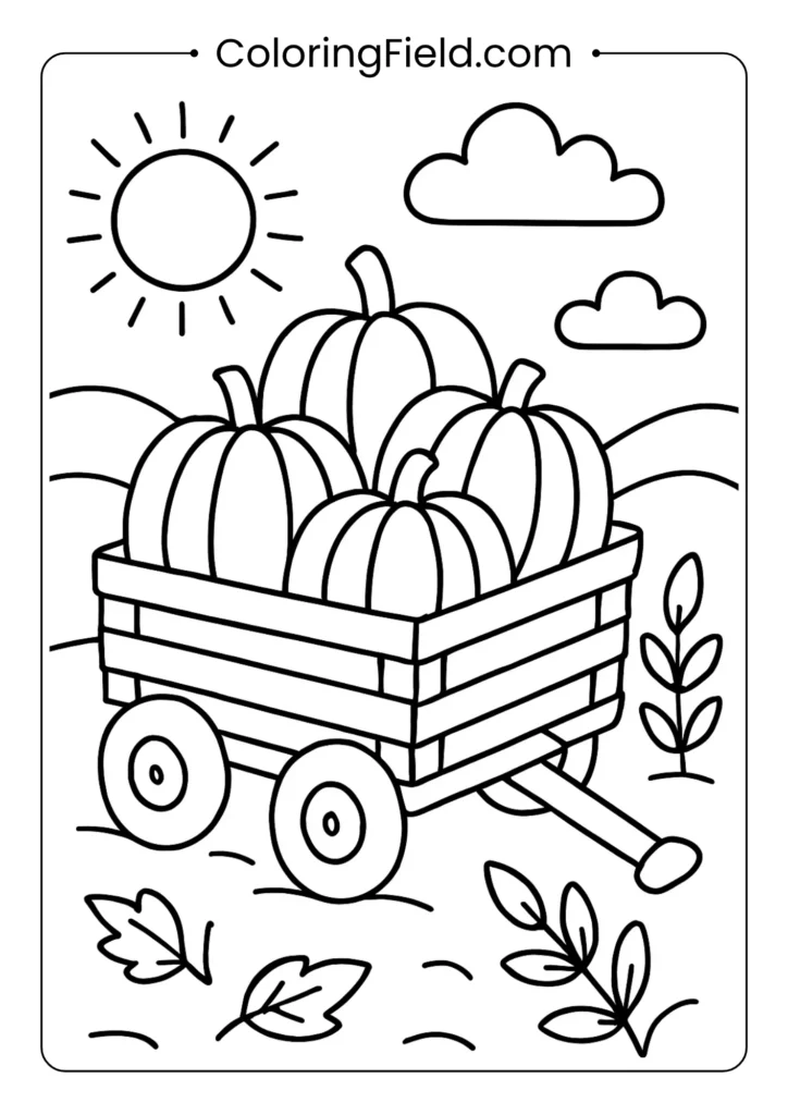Harvest wagon of pumpkins coloring page featuring a rustic wagon filled with pumpkins, leaves, and fall harvest decorations.