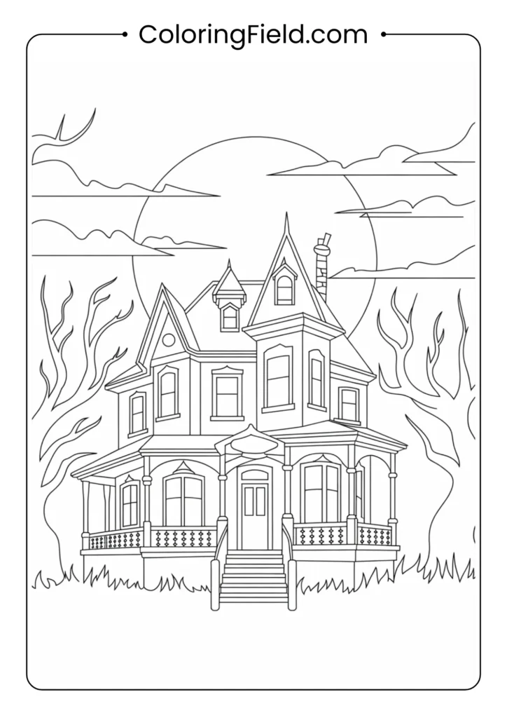 Haunted house silhouette coloring page featuring a spooky mansion with bats, a full moon, and eerie Halloween vibes.