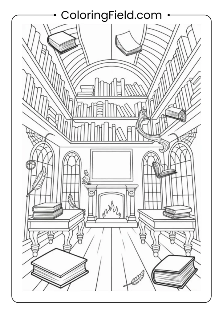 Haunted library coloring page featuring ghostly books, floating candles, and a spooky witchy reading room.