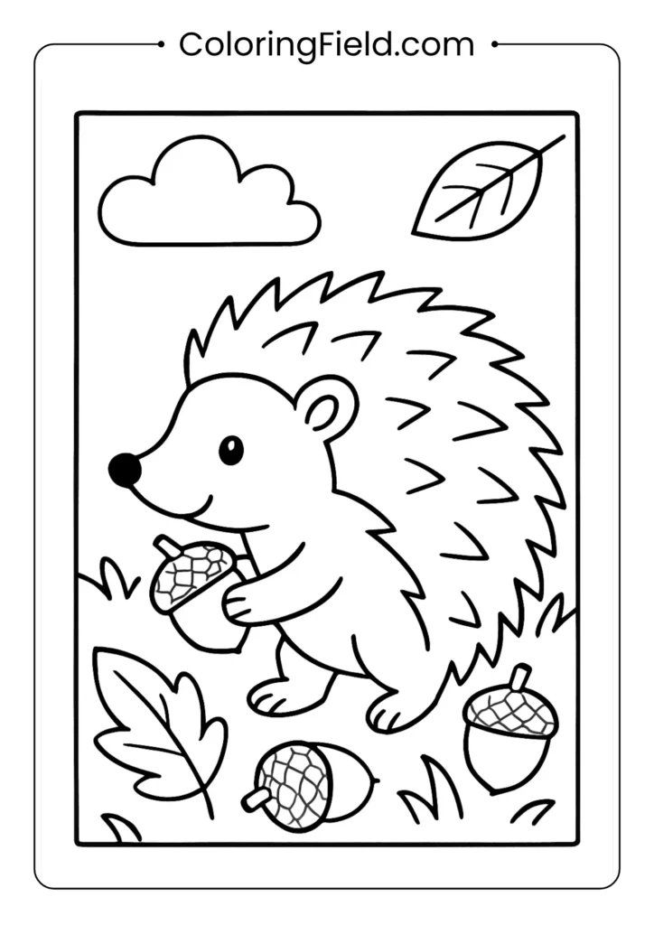 Hedgehog collecting acorns coloring page featuring a cute hedgehog gathering acorns among fallen autumn leaves.