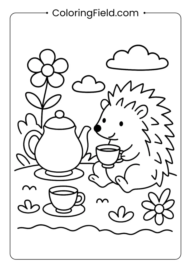 Hedgehog tea party coloring page featuring cute hedgehogs sipping tea surrounded by pumpkins and autumn leaves.